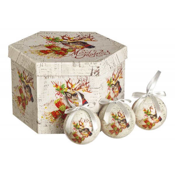 Χριστουγεννιάτικες Μπάλες Πολύχρωμες με Τάρανδο σε Κουτί Δώρου - Σετ 14 τεμ. (7.5cm)